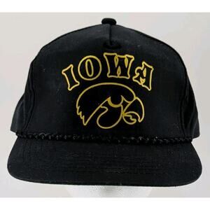 Vintage 80's Black Iowa Hawkeye's Snapback Rope Hat Screen Print Logo Trucker